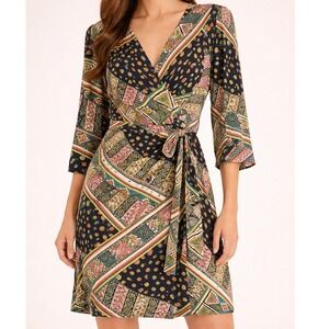 Chico Boho Patchwork Print Wrap Dress Kimono Sleeve Belted